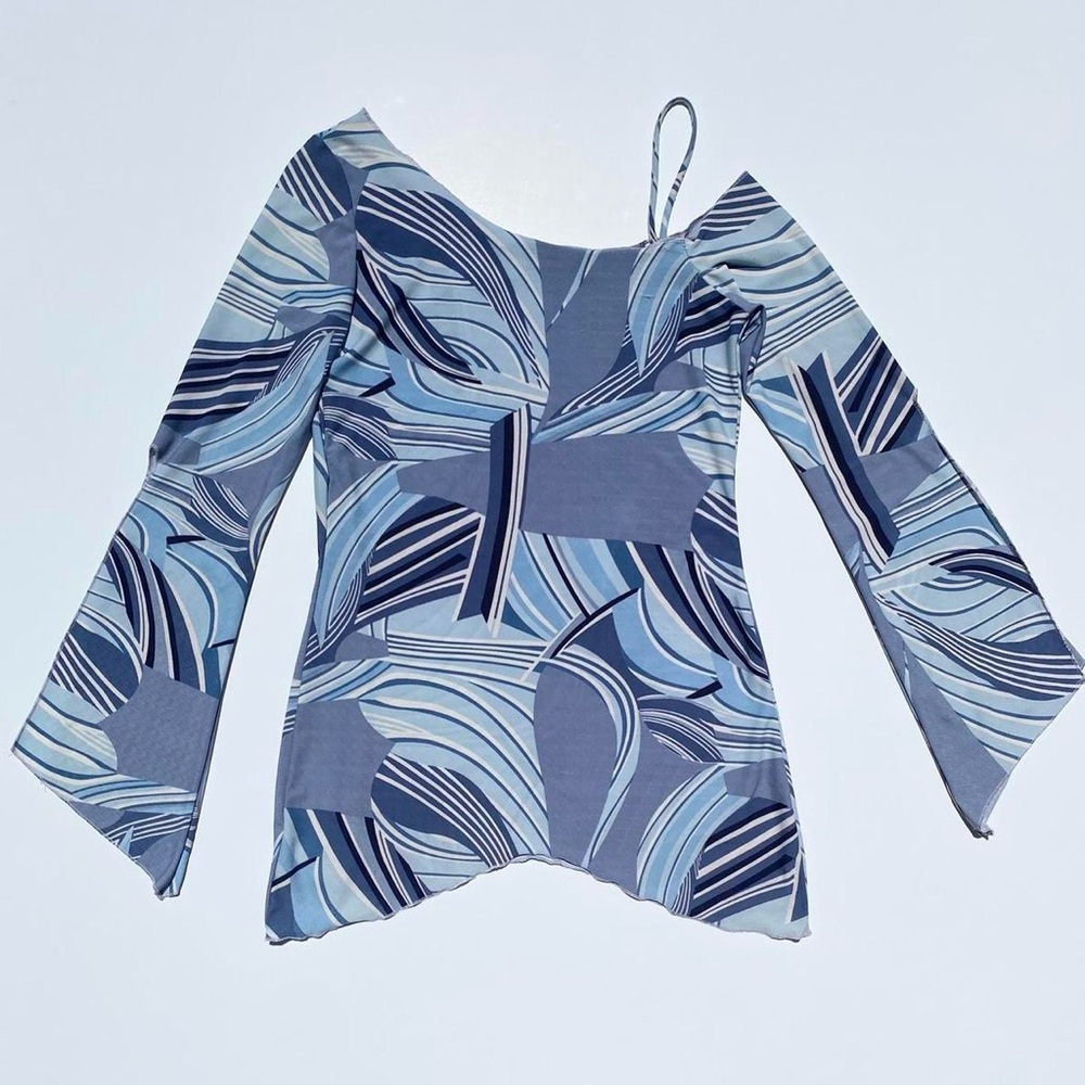 Vintage Zoey Beth Blue Swirl Print Bell Sleeve Dress Women's Medium Y2K 90's